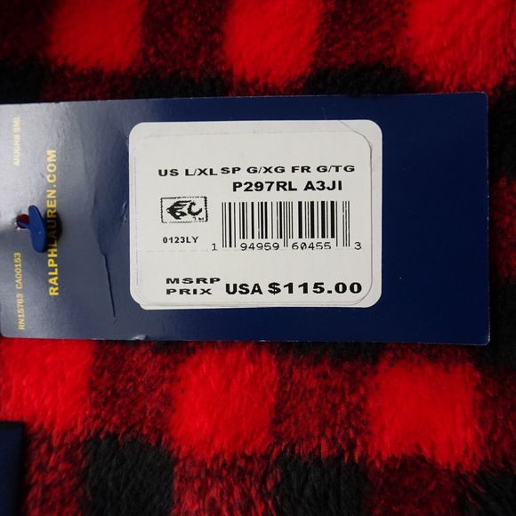 POLO RALPH LAUREN Men's Robe Sleep Fleece Plush Plaid Buffalo Red Black L/XL NWT - Picture 8 of 14